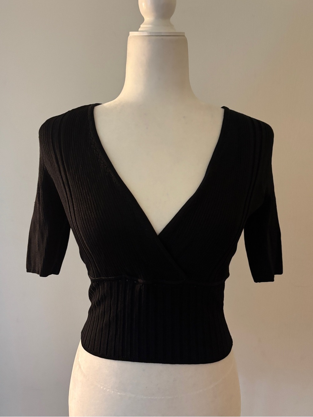 Guess Black Ribbed V-Neck Wrap Crop Top